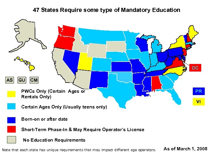 47 States Require some type of Mandatory Education DC AS GU CM PWCs Only