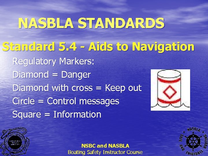 NASBLA STANDARDS Standard 5. 4 - Aids to Navigation Regulatory Markers: Diamond = Danger
