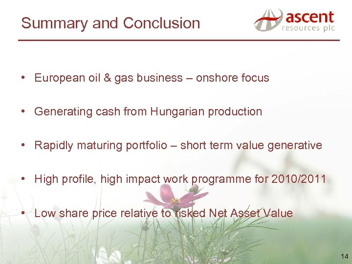 Summary and Conclusion • European oil & gas business – onshore focus • Generating