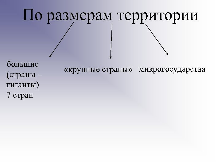 По размерам территории большие «крупные страны» микрогосударства (страны – гиганты) 7 стран 