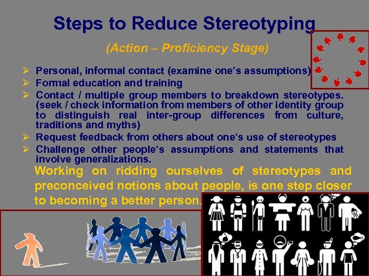 Steps to Reduce Stereotyping (Action – Proficiency Stage) Ø Personal, informal contact (examine one’s