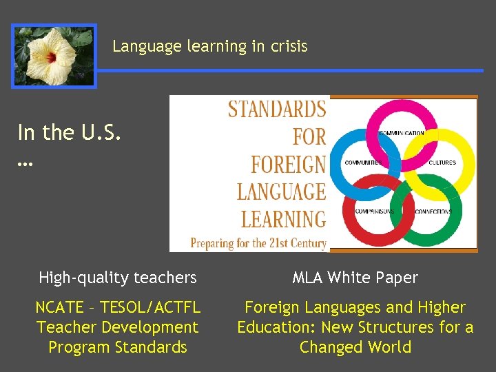 Language learning in crisis In the U. S. … High-quality teachers MLA White Paper