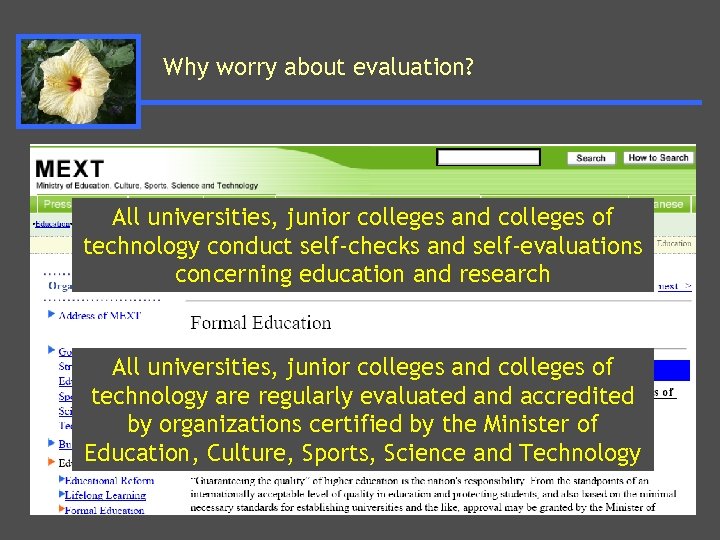 Why worry about evaluation? All universities, junior colleges and colleges of technology conduct self-checks
