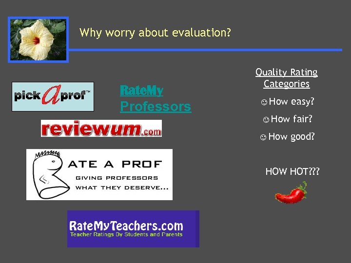 Why worry about evaluation? Rate. My Professors Quality Rating Categories ☺How easy? ☺How fair?