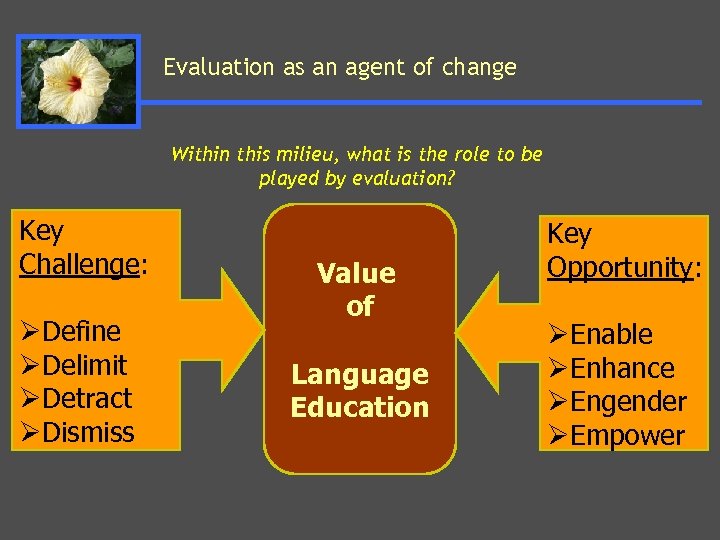 Evaluation as an agent of change Within this milieu, what is the role to