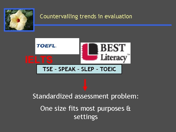 Countervailing trends in evaluation IELTS TSE – SPEAK – SLEP – TOEIC Standardized assessment