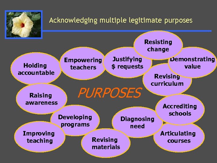 Acknowledging multiple legitimate purposes Resisting change Holding accountable Raising awareness Empowering teachers Justifying $