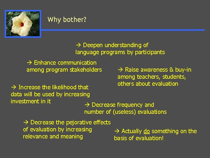 Why bother? Deepen understanding of language programs by participants Enhance communication among program stakeholders