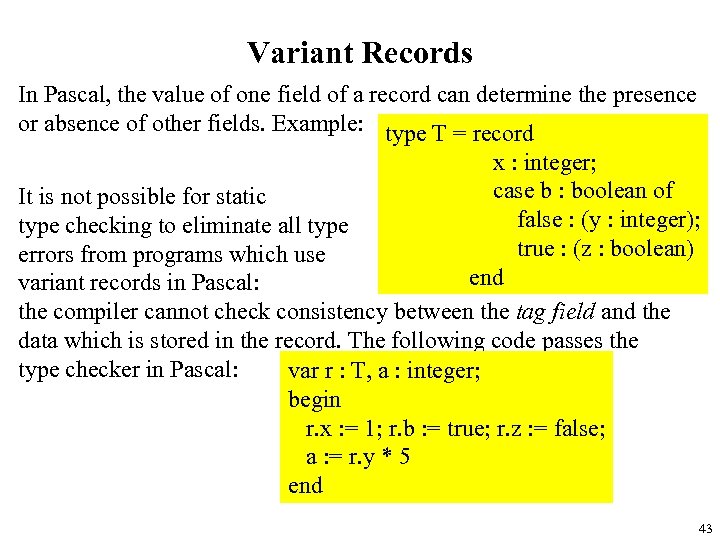 Variant Records In Pascal, the value of one field of a record can determine