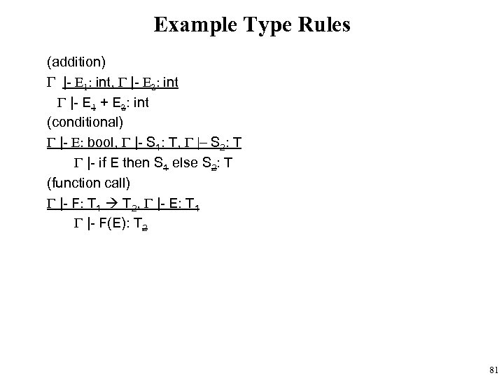 Example Type Rules (addition) G |- E 1: int, G |- E 2: int