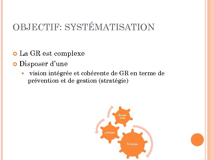 OBJECTIF: SYSTÉMATISATION La GR est complexe Disposer d’une vision intégrée et cohérente de GR