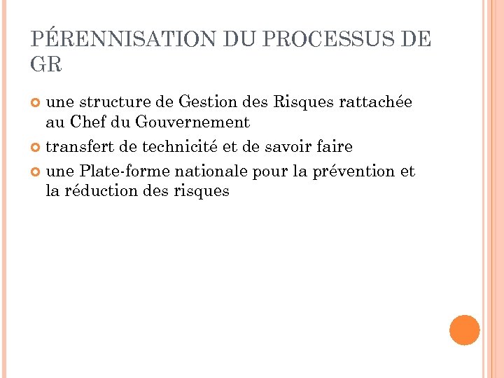 PÉRENNISATION DU PROCESSUS DE GR une structure de Gestion des Risques rattachée au Chef