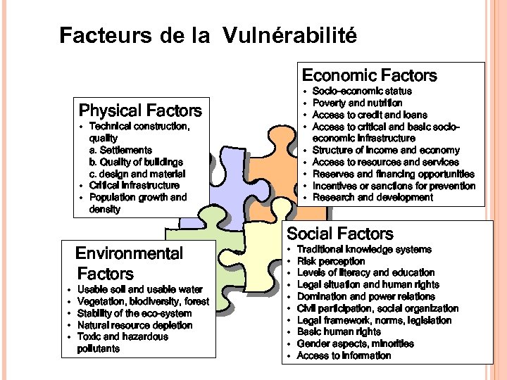 Facteurs de la Vulnérabilité Economic Factors • • Physical Factors • Technical construction, quality