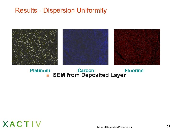 Results - Dispersion Uniformity Platinum n Carbon Fluorine SEM from Deposited Layer Material Deposition