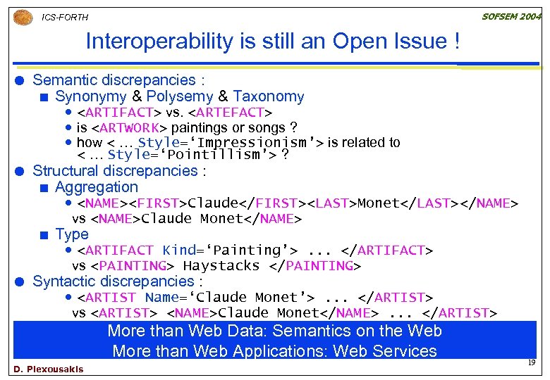 SOFSEM 2004 ICS-FORTH Interoperability is still an Open Issue ! Semantic discrepancies : ¢