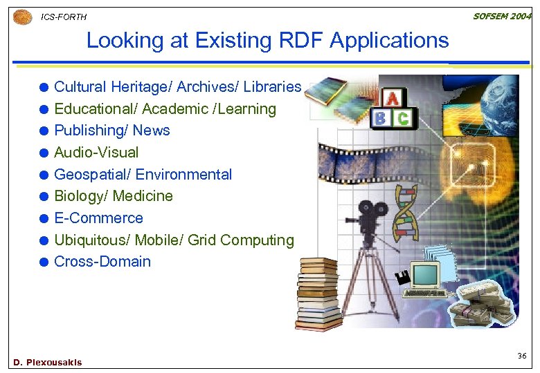 SOFSEM 2004 ICS-FORTH Looking at Existing RDF Applications Cultural Heritage/ Archives/ Libraries Educational/ Academic