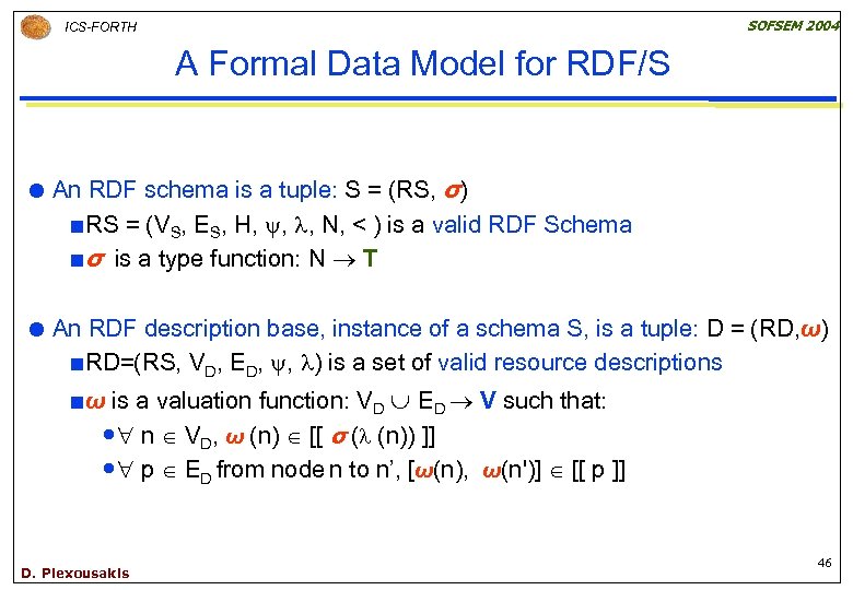 SOFSEM 2004 ICS-FORTH A Formal Data Model for RDF/S An RDF schema is a