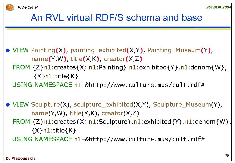 ICS-FORTH SOFSEM 2004 An RVL virtual RDF/S schema and base VIEW Painting(X), painting_exhibited(X, Y),