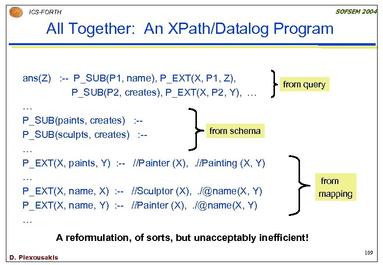 SOFSEM 2004 ICS-FORTH All Together: An XPath/Datalog Program ans(Z) : -- P_SUB(P 1, name),
