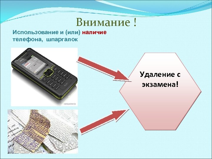 Внимание ! Использование и (или) наличие телефона, шпаргалок Удаление с экзамена! 