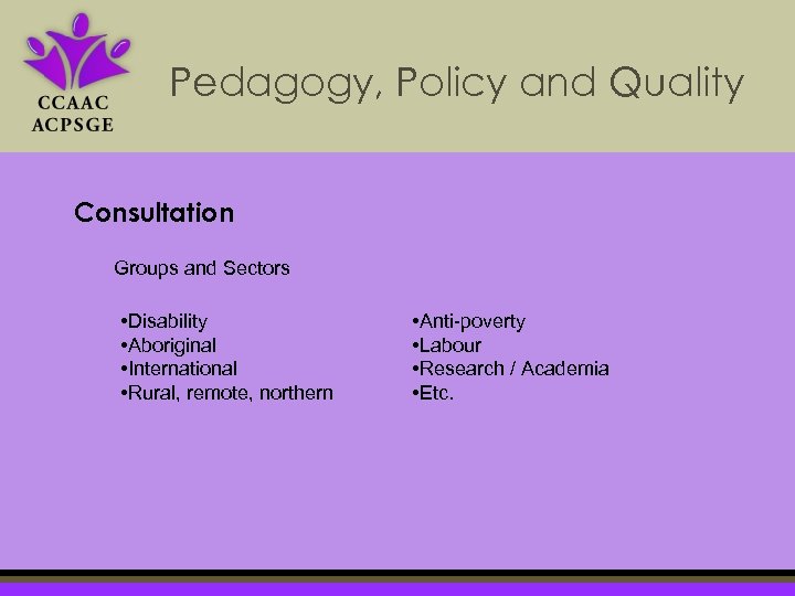 Pedagogy, Policy and Quality Consultation Groups and Sectors • Disability • Aboriginal • International