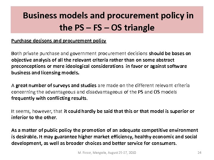  Business models and procurement policy in the PS – FS – OS triangle