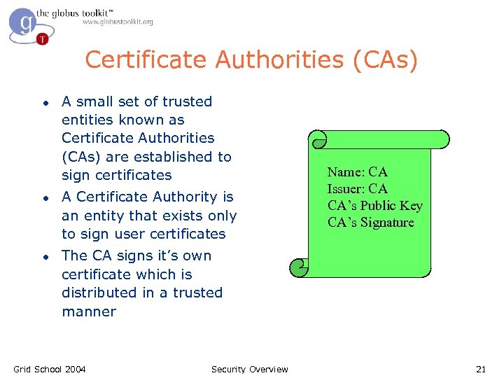 Certificate Authorities (CAs) l l l A small set of trusted entities known as