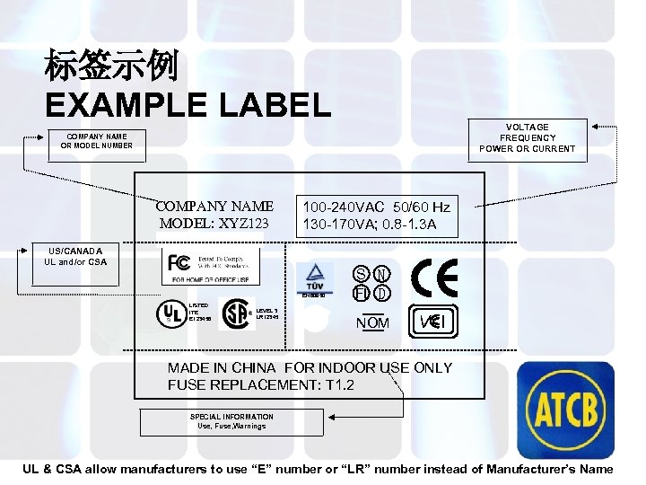 标签示例 EXAMPLE LABEL VOLTAGE FREQUENCY POWER OR CURRENT COMPANY NAME OR MODEL NUMBER COMPANY