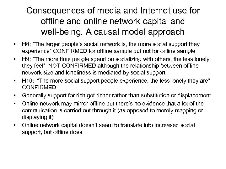 Consequences of media and Internet use for offline and online network capital and well-being.