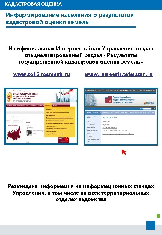 КАДАСТРОВАЯ ОЦЕНКА Информирование населения о результатах кадастровой оценки земель На официальных Интернет-сайтах Управления создан