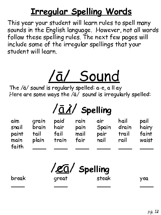 Irregular Spelling Words This year your student will learn rules to spell many sounds