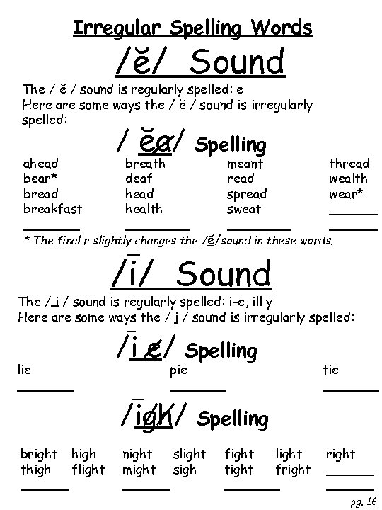 Irregular Spelling Words /ĕ/ Sound The / ĕ / sound is regularly spelled: e