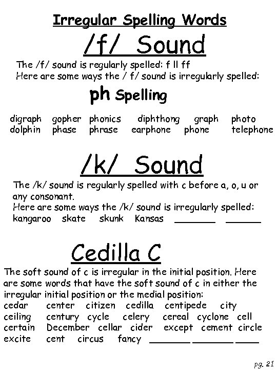 Irregular Spelling Words /f/ Sound The /f/ sound is regularly spelled: f ll ff