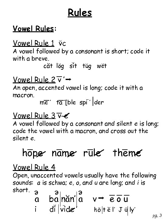 Rules Vowel Rules: ˘ Vowel Rule 1 vc A vowel followed by a consonant