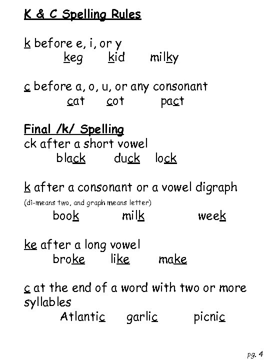 K & C Spelling Rules k before e, i, or y keg kid milky