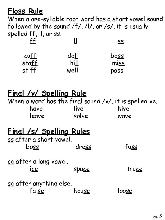 Floss Rule When a one-syllable root word has a short vowel sound followed by