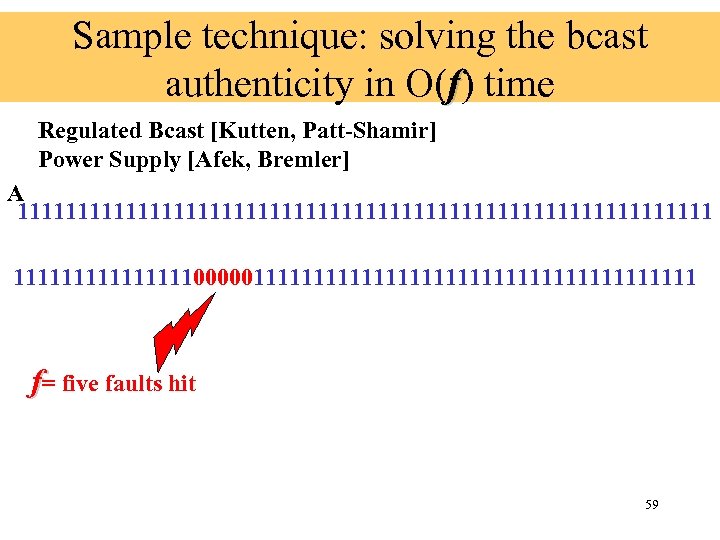 Sample technique: solving the bcast authenticity in O(f) time Regulated Bcast [Kutten, Patt-Shamir] Power