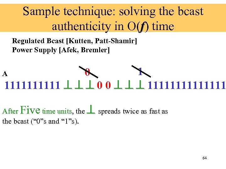 Sample technique: solving the bcast authenticity in O(f) time Regulated Bcast [Kutten, Patt-Shamir] Power