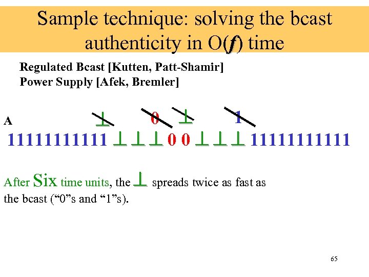 Sample technique: solving the bcast authenticity in O(f) time Regulated Bcast [Kutten, Patt-Shamir] Power