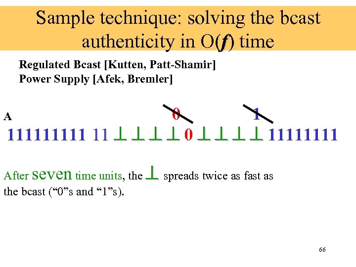 Sample technique: solving the bcast authenticity in O(f) time Regulated Bcast [Kutten, Patt-Shamir] Power