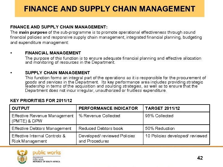 FINANCE AND SUPPLY CHAIN MANAGEMENT: The main purpose of the sub-programme is to promote
