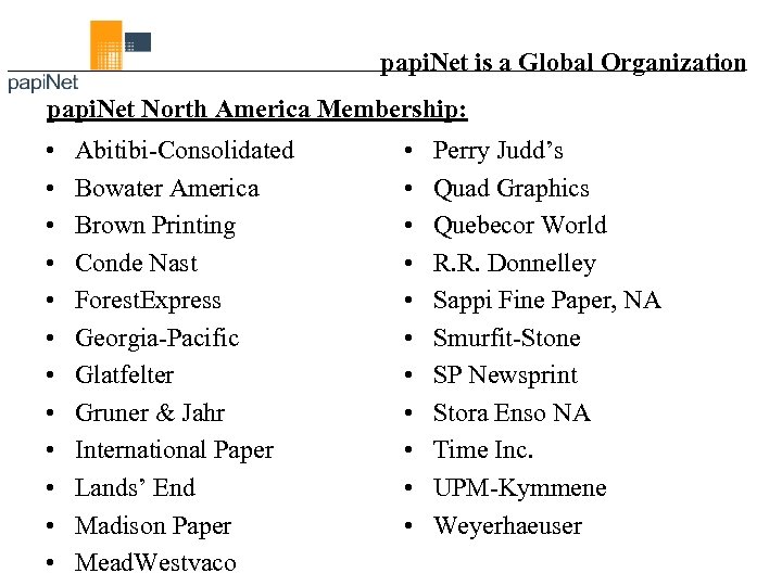 papi. Net is a Global Organization papi. Net North America Membership: • • •