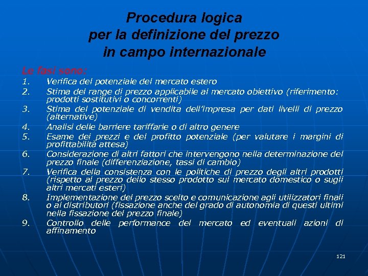 Procedura logica per la definizione del prezzo in campo internazionale Le fasi sono: 1.