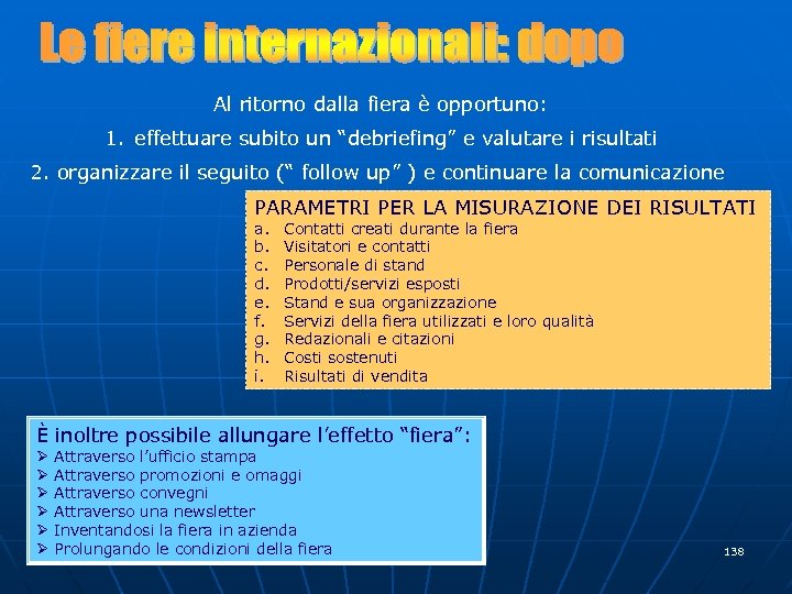 Al ritorno dalla fiera è opportuno: 1. effettuare subito un “debriefing” e valutare i