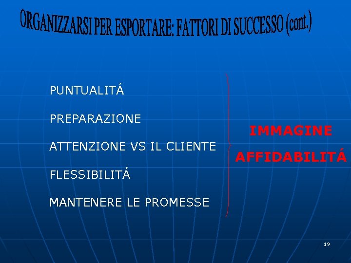 PUNTUALITÁ PREPARAZIONE ATTENZIONE VS IL CLIENTE IMMAGINE AFFIDABILITÁ FLESSIBILITÁ MANTENERE LE PROMESSE 19 