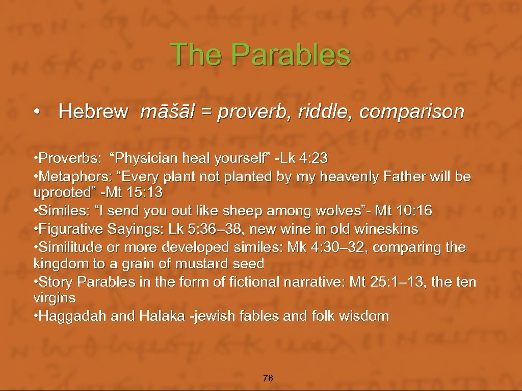 The Parables • Hebrew māšāl = proverb, riddle, comparison • Proverbs: “Physician heal yourself”