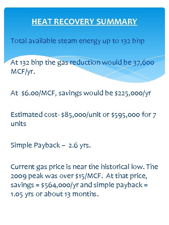 HEAT RECOVERY SUMMARY Total available steam energy up to 132 bhp At 132 bhp