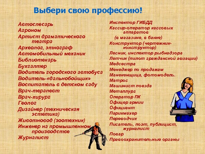 Выбери свою профессию! Автослесарь Агроном Артист драматического театра Археолог, этнограф Автомобильный механик Библиотекарь Бухгалтер