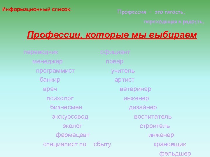 Информационный список: Профессия – это тягость, переходящая в радость. Профессии, которые мы выбираем переводчик