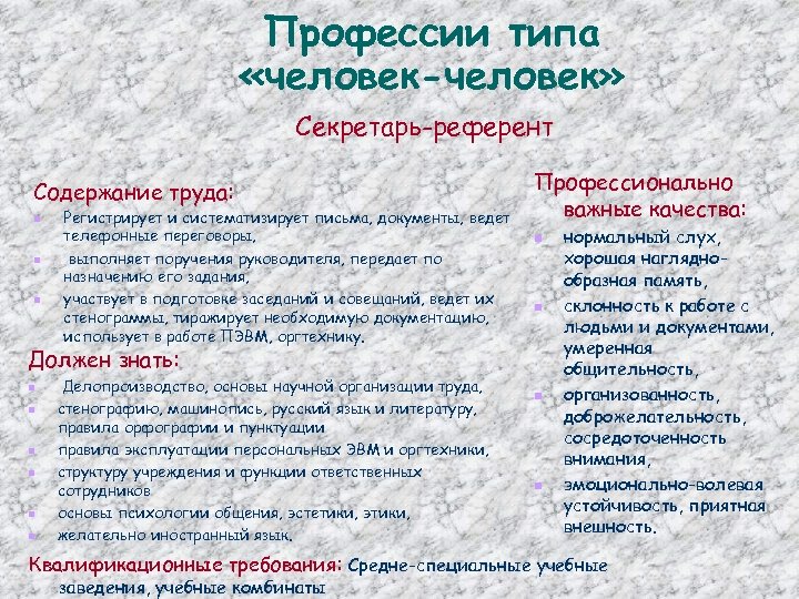 Профессии типа «человек-человек» Секретарь-референт Содержание труда: n n n Регистрирует и систематизирует письма, документы,